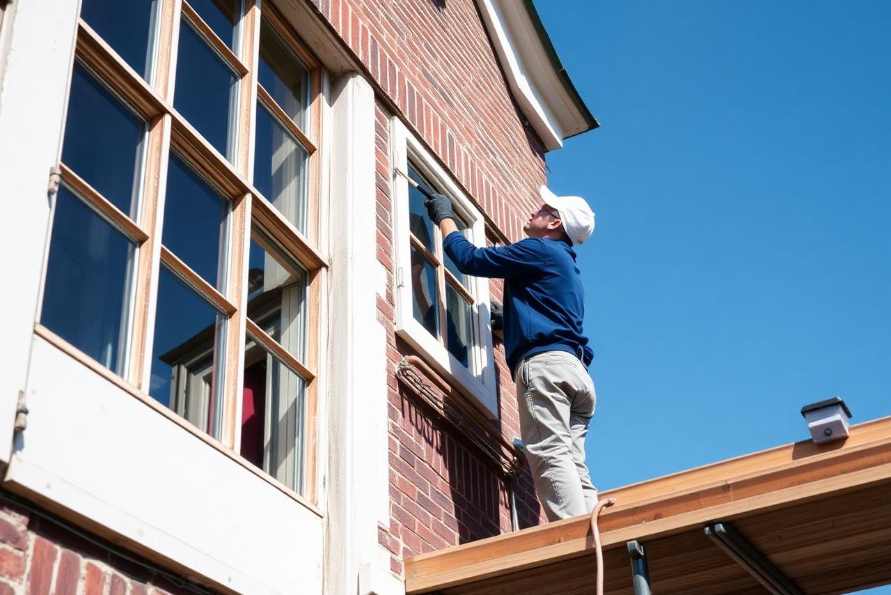 Schilder aan het werk op monumentaal pand